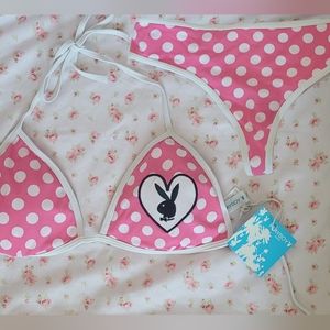 SET NWT Vintage Y2K Polka Dot Playboy Thong Bikini Set